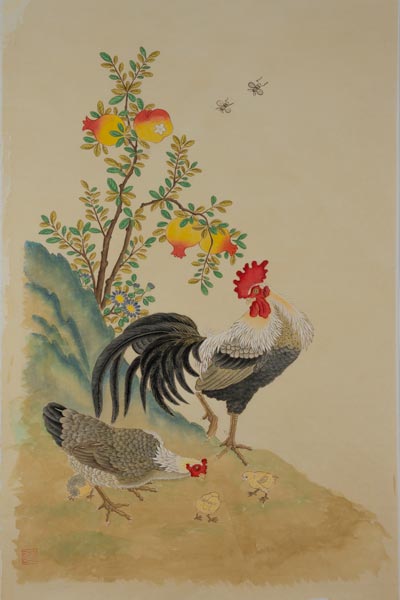 rooster with chicks under a fruit tree